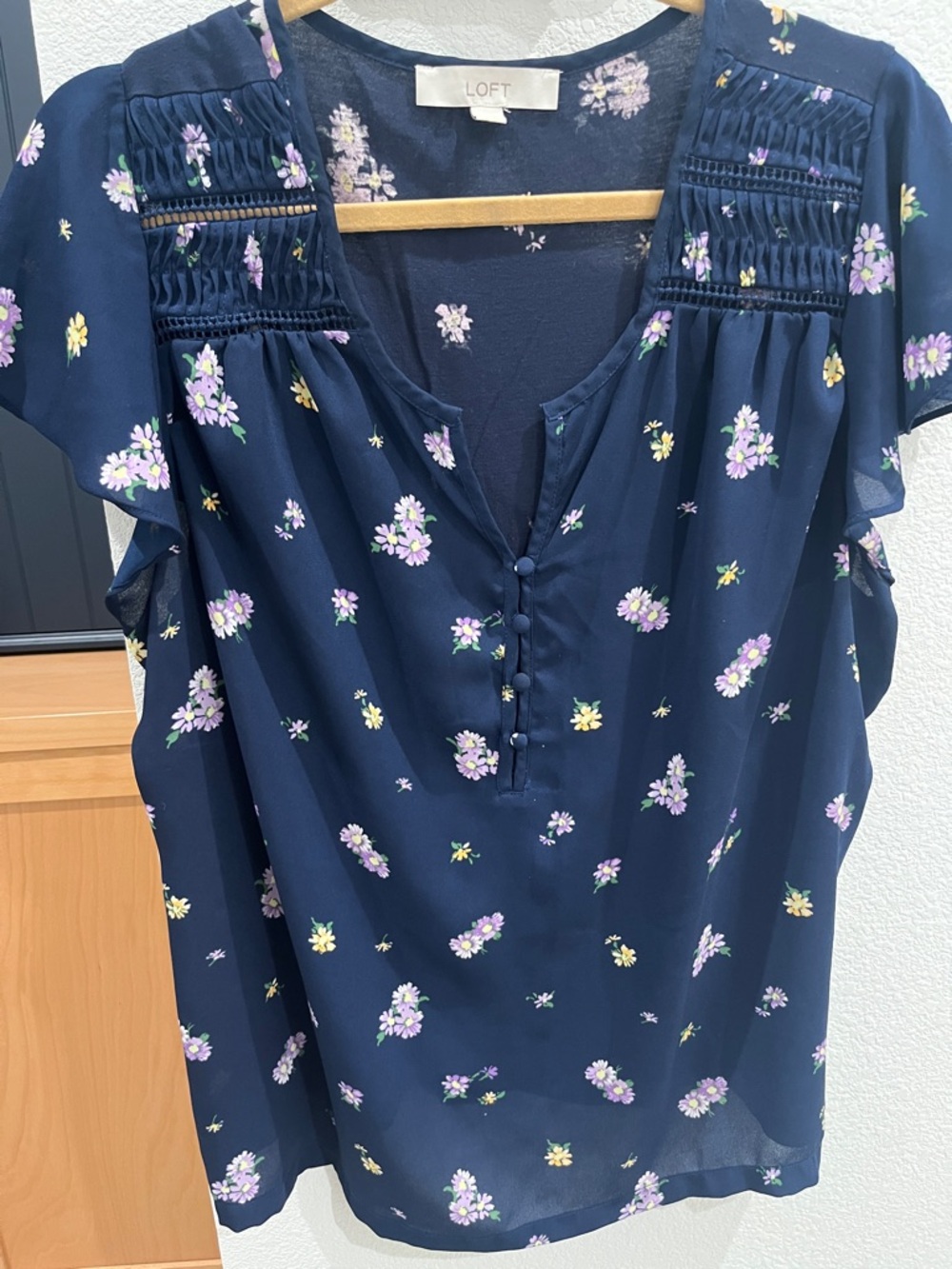 LOFT Mixed Media Navy Floral Smocked Button-Front Top XL